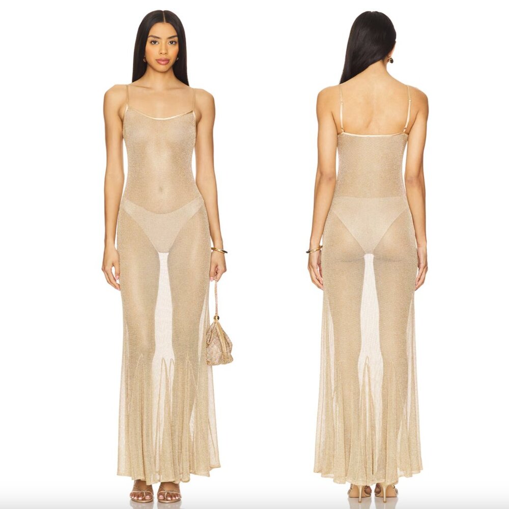 Sheer Metallic Gold Maxi Dress with Spaghetti Straps